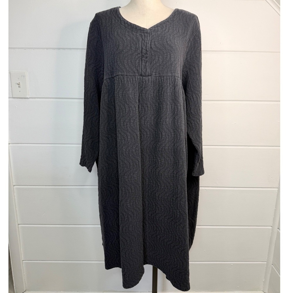 Anysize 2X 3X Midi Cotton Dress 3/4 Sleeves Lagenlook Minimalist Textured Fabric